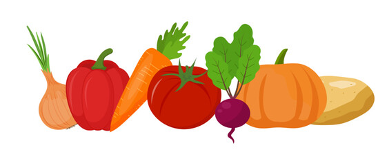 Set of ripe vegetables on a white background. Tomato, onion, pumpkin, potato, carrot, beetroot and pepper.