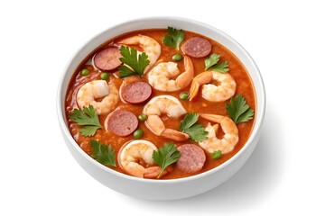 Shrimp and sausage gumbo soup in bowl isolated on white background