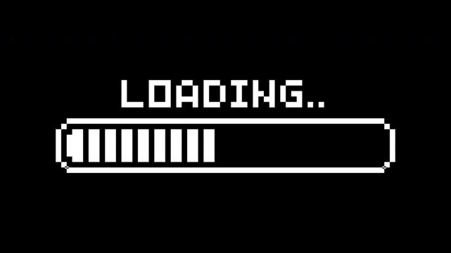 Pixel art loading animation, 8-bit retro game start, download bar screen. Pixelated progress animation. Loading from 0 to 100 percent. Video with transparent background. Alpha channel.