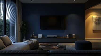 LED TV on the dark blue wall in living room,minimal design.3d rendering