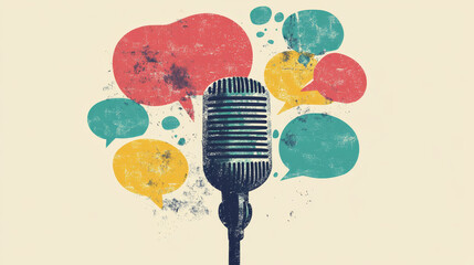 Trendy Halftone Collage Online Broadcasting concept. Audio recording of interview. Microphone with speech bubble messages. Talking in podcast. Streaming service. Contemporary vector art