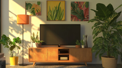 Fototapeta premium Tv cabinet in modern empty room and lamp,plants,Decoration on back dark wall background, 3d rendering.