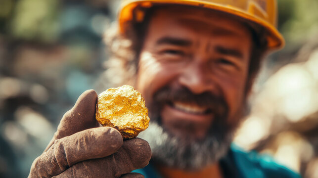 A miner presents a shiny gold nugget with pride, standing in a rocky outdoor location. The sun shines brightly, highlighting his joyful expression and work gear