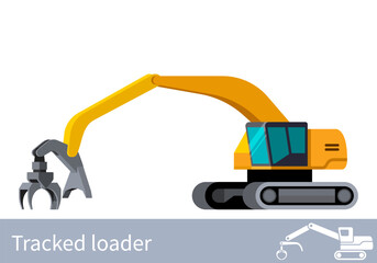 Minimalistic icon log loader. Tracked log loader vehicle for worknig at forest area for sorting and loading wood pile. Modern vector isolated illustration