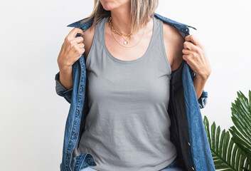Blank  Gray Tank Top Shirt Mock up. Woman wear empty grey tank top shirt mock up. Girl in...