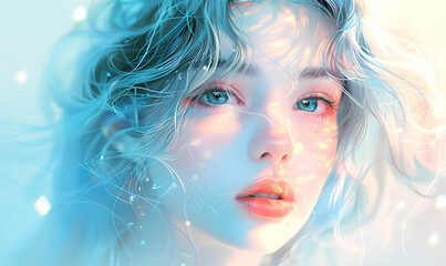 A dreamy, close-up digital illustration of a young woman with luminous skin, large blue-green eyes, and coral lips; an anime and fantasy aesthetic, with watercolor tones and a soft atmosphere.