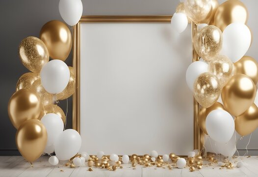 gold balloons white poster frame background simple design mockup elegant birthday wooden art empty picture blank light style balloon party interior template home modern photo furniture floor
