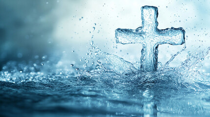 A water cross symbol forms from clear water droplets splashing, representing purity and faith, with a bright, simple tone and an isolated blank background for a peaceful, spiritual feel.

