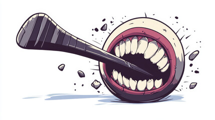 Obraz premium Cartoon hockey puck bites and breaks hockey stick, such logo. Jpeg version also available in gallery