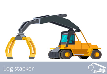 Minimalistic icon log stacker front side view. Heavy weight loader vehicle for working at saw mill or lumber yard. Modern vector isolated illustration