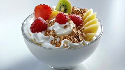 A bowl filled with yogurt and topped with a delightful medley of colorful fruits and crunchy granola, offering a healthy choice.