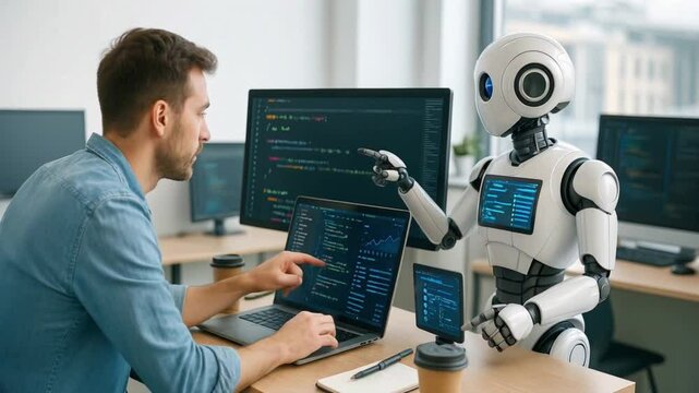 A human programmer collaborates with a white humanoid robot in a modern office workspace, analyzing code and data visualizations on multiple computer screens
