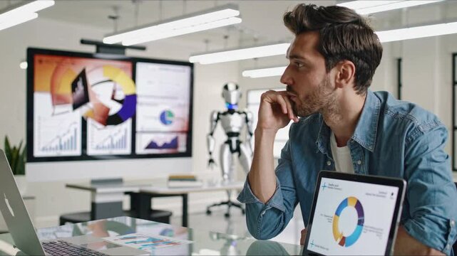 Male professional in denim shirt analyzing data visualization charts with robotic figure in background, using tablet and laptop in modern technological workspace