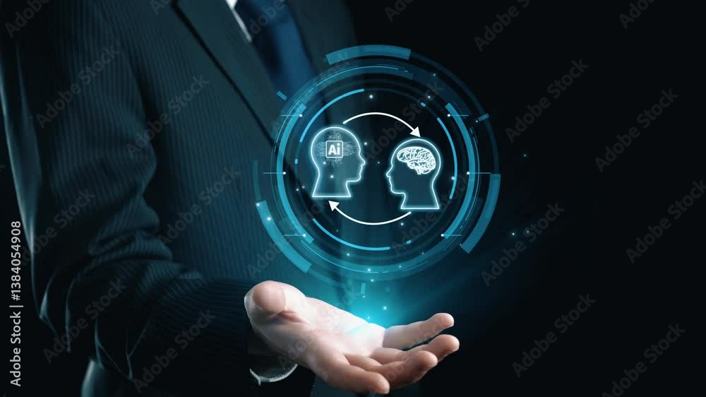 Poster human interact with ai artificial intelligence brain processor in concept of ai artificial intellige