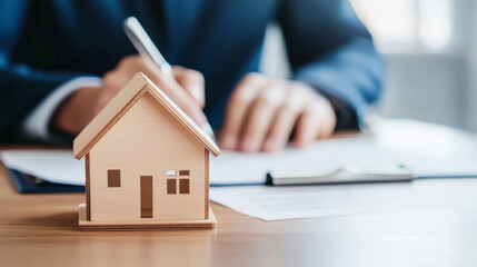 Fototapeta premium Miniature model house on a desk for property investment planning and real estate concepts
