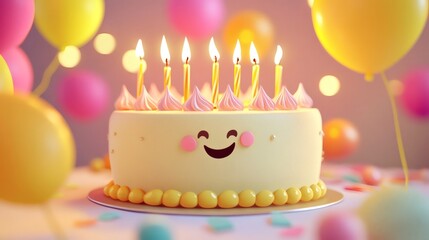 Celebratory birthday cake with candles and smiling face against colorful balloons. Perfect for festive occasions. 