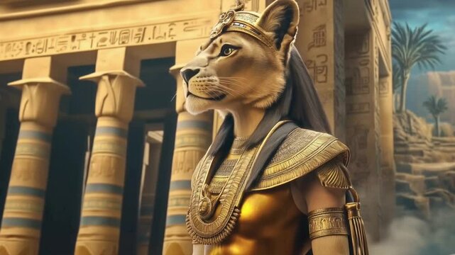 Lioness goddess of war Sekhmet in traditional Egyptian attire, standing before hieroglyphic columns with palm trees in background, representing divine feminine power of Egyptian mythology