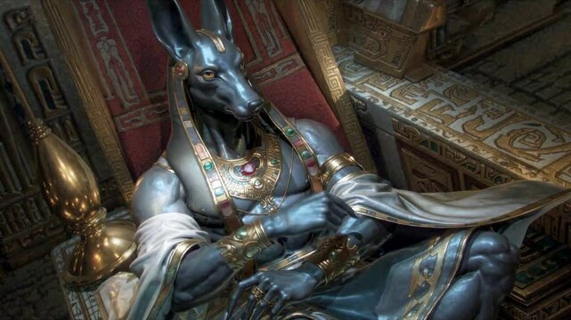 Detailed artistic representation of Anubis, the ancient Egyptian god of death and mummification, seated in an ornate throne with intricate hieroglyphic backgrounds and elaborate metallic armor