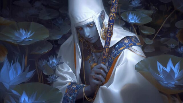 Osiris, ancient Egyptian god of resurrection, dressed in pristine ceremonial robes adorned with intricate hieroglyphics, among delicate blue lotus blossoms in the waters of river Nile