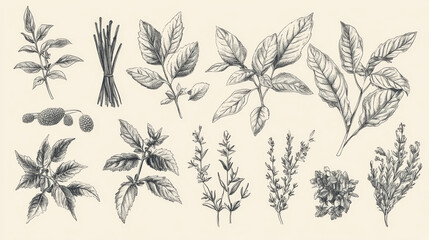 Herbs and spices banners set. Basil, rosemary, mint and thyme, parsley, cinnamon, ginger, bay leaf and vanilla, arugula, oregano, anise and dill, lavender, cloves and sage sketch poster design