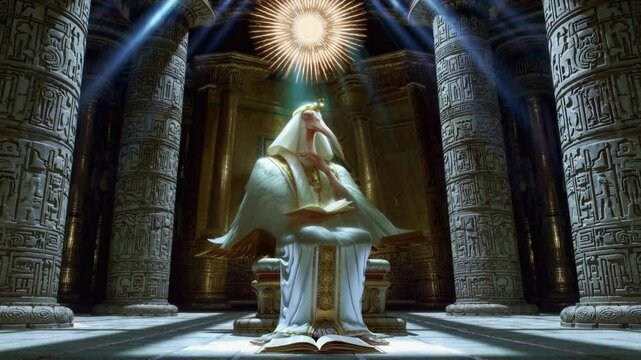 Thoth, Egyptian god of wisdom, seated in a sacred temple, reading an open book under a radiant sunburst, surrounded by hieroglyphic columns