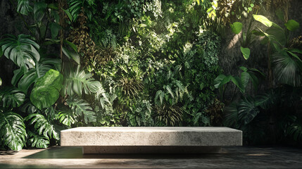 Concrete podium in tropical forest for product presentation and green wall.3d rendering