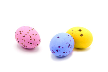 Colorful handmade easter eggs whole and heap isolated on white background. Happy Easter holiday! Place for text. Copy space.	