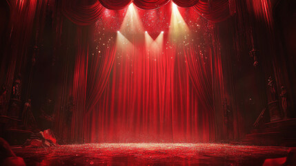 Stage with red curtains, theater scene vector background with spotlight illumination and sparkles. Showtime poster for performance, music show or concert with realistic 3d red curtains and light glow