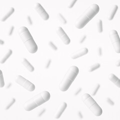 Minimalist white capsule pills floating on light background, clean medical and pharmaceutical concept
