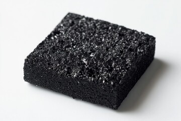 A close-up view of a dark, porous, square-shaped material, possibly a type of foam or sponge.