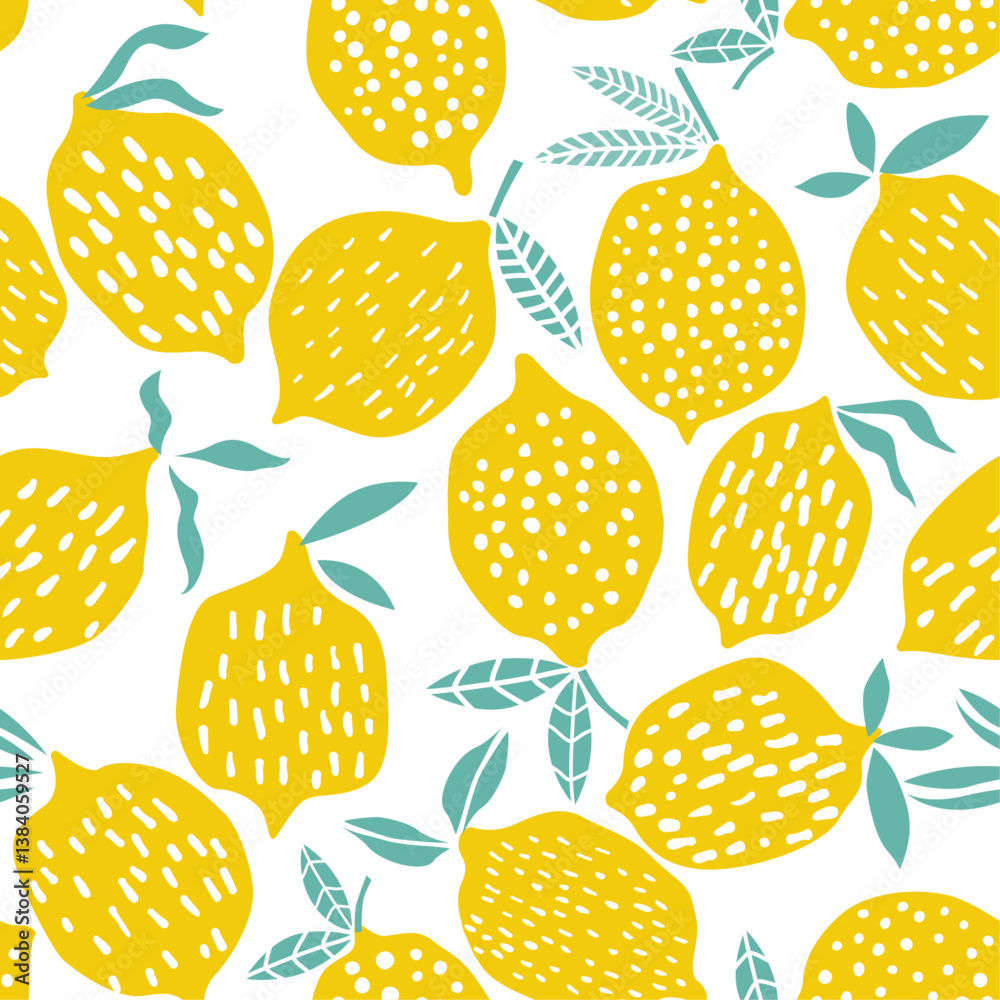Poster this image features a seamless pattern of yellow lemons with white details and teal leaves on a whit