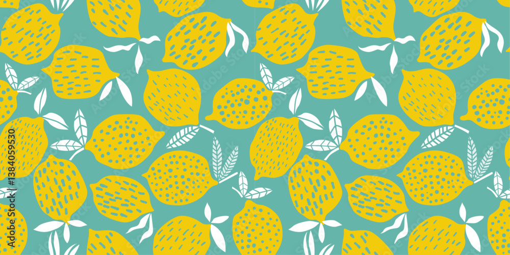 Poster Lemons are stylized with various textures, including dots, dashes, and lines, adding visual interest. Each lemon is accompanied by white leaves, creating a sense of freshness and summery vibes.