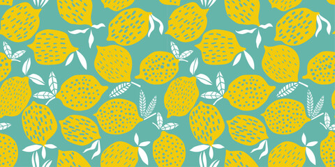 Lemons are stylized with various textures, including dots, dashes, and lines, adding visual interest. Each lemon is accompanied by white leaves, creating a sense of freshness and summery vibes.