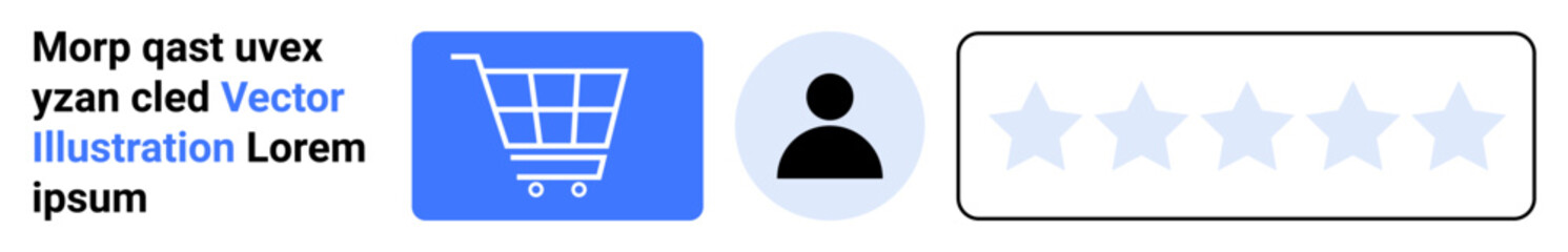 Blue shopping cart, user profile, 5-star rating elements combine for usability, navigation, or feedback. Ideal for e-commerce, profile systems, ratings, reviews UXUI apps simple landing page
