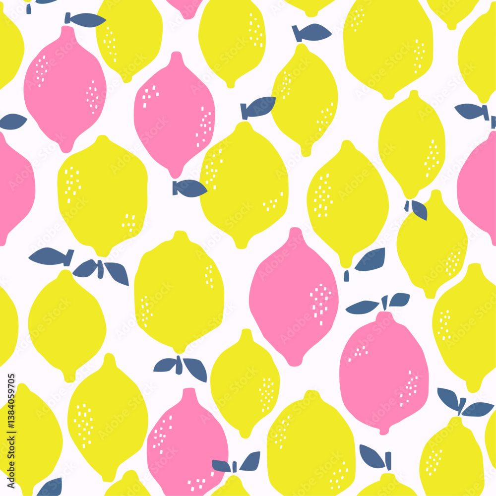 Poster a vibrant and cheerful pattern featuring a repeating design of lemons in yellow and pink hues. the l