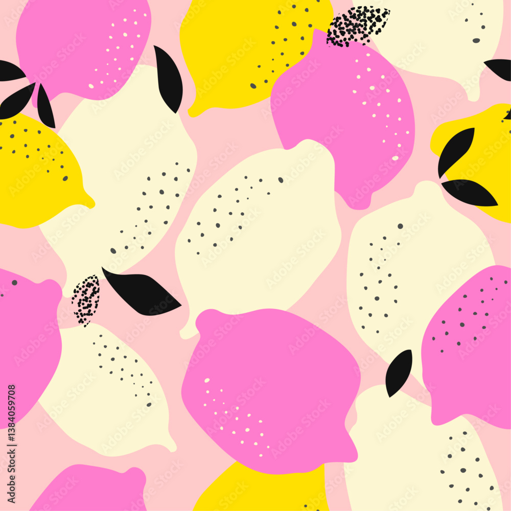 Poster the image features a vibrant, abstract pattern of lemons and leaves on a pink background. the lemons