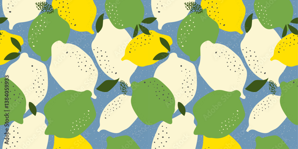 Leinwandbilder repeating pattern of lemons and limes on a blue background. the lemons are depicted in shades of yel