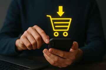 Businessman adding items to shopping cart using smartphone for online shopping