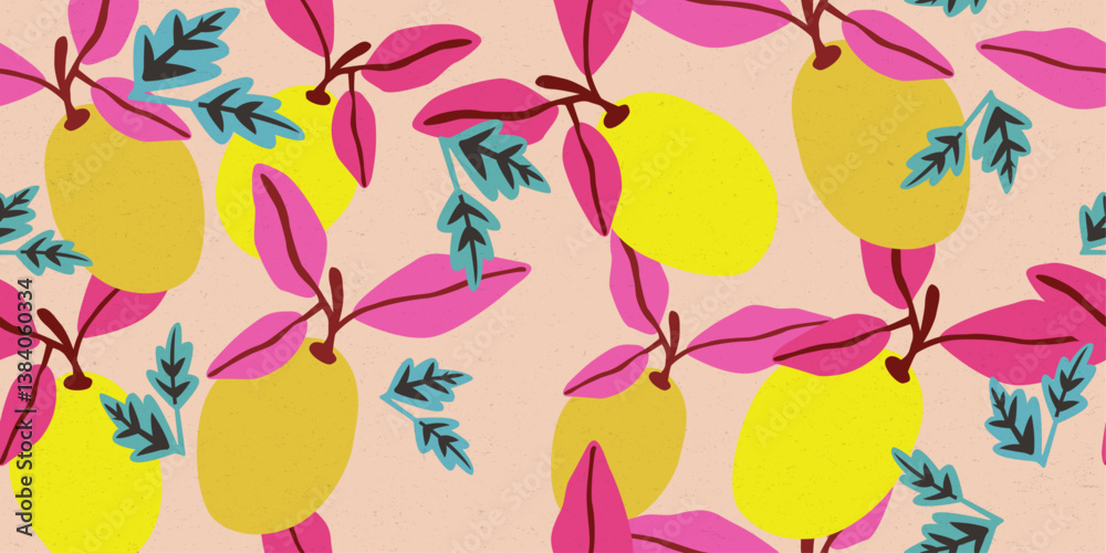 Poster the lemons are depicted in shades of yellow and gold, while the leaves are a vibrant pink and turquo