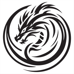 Fierce Tribal Dragon Circular Tattoo Design – Black & White Vector Illustration