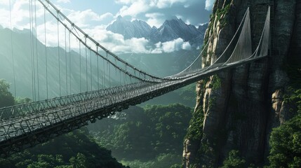 Fototapeta premium A long suspension bridge connects two mountain cliffs, spanning a lush valley.
