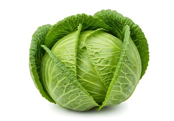 A single head of green cabbage with textured leaves on a white background view