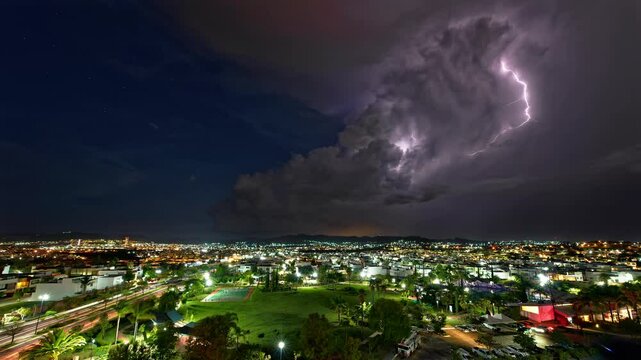 Horizontal landscaped video of Puebla cityscape with purple lightnings during nighttime
