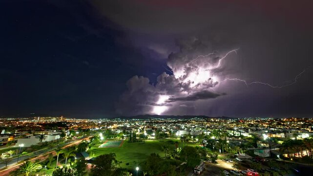 Horizontal landscaped video of Puebla cityscape with purple lightnings during nighttime