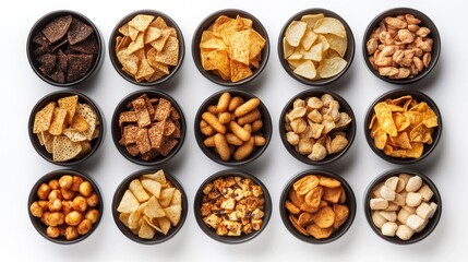 Assorted savory snacks in small bowls on white background.