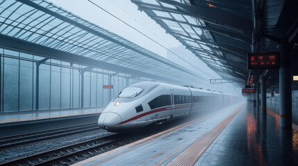 Fototapeta premium A sleek high-speed train pulls into a foggy station under a glass canopy in the early morning, surrounded by mist and soft lighting, creating an atmospheric travel moment