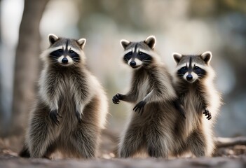 Obraz premium background dancing white group raccoons are illustration wild outdoors nature paw 1 mammal up raccoon funny fauna dance black wildlife fur animal rise predator grey brown cute racked looking standing