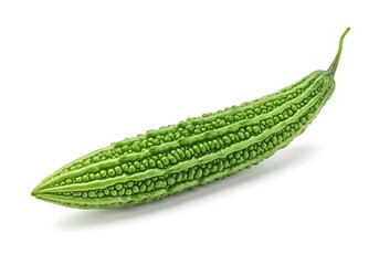 A single green bitter melon or bitter gourd isolated on a plain white background