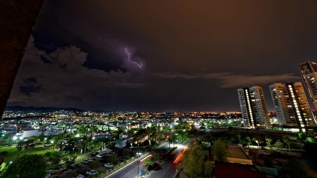 Horizontal landscaped video of Puebla cityscape with purple lightnings during nighttime