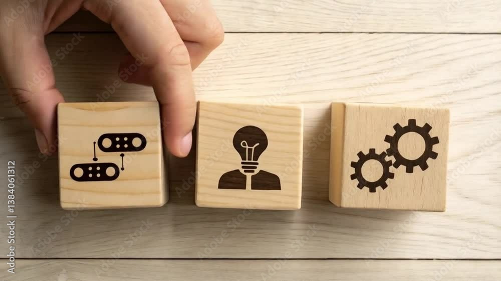 Poster hand arranging wooden blocks with data, idea and gears icons on a light wooden surface viewed from a
